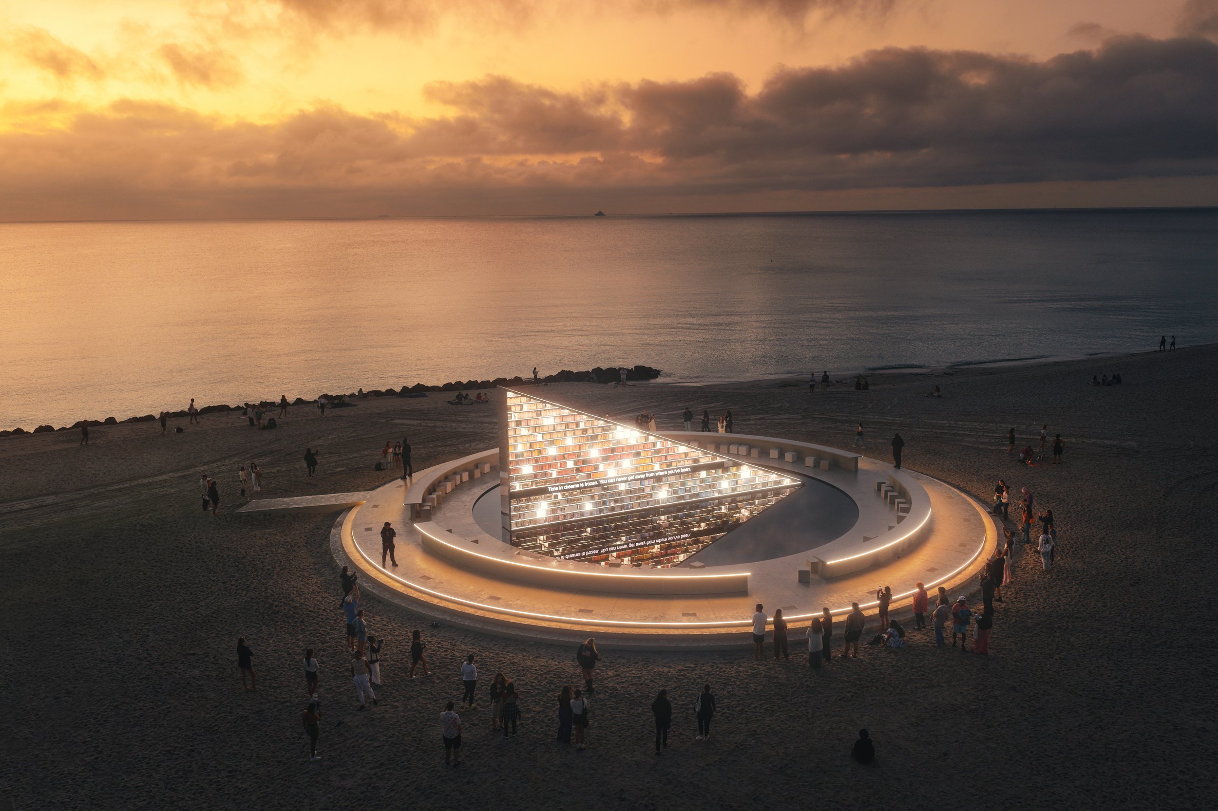 Architectural photograph of Es Devlin’s Library of Us public art installation at Faena Miami Beach during Art Basel Miami Beach, featuring a circular illuminated gathering space with visitors surrounding the structure at dusk. The aerial perspective 