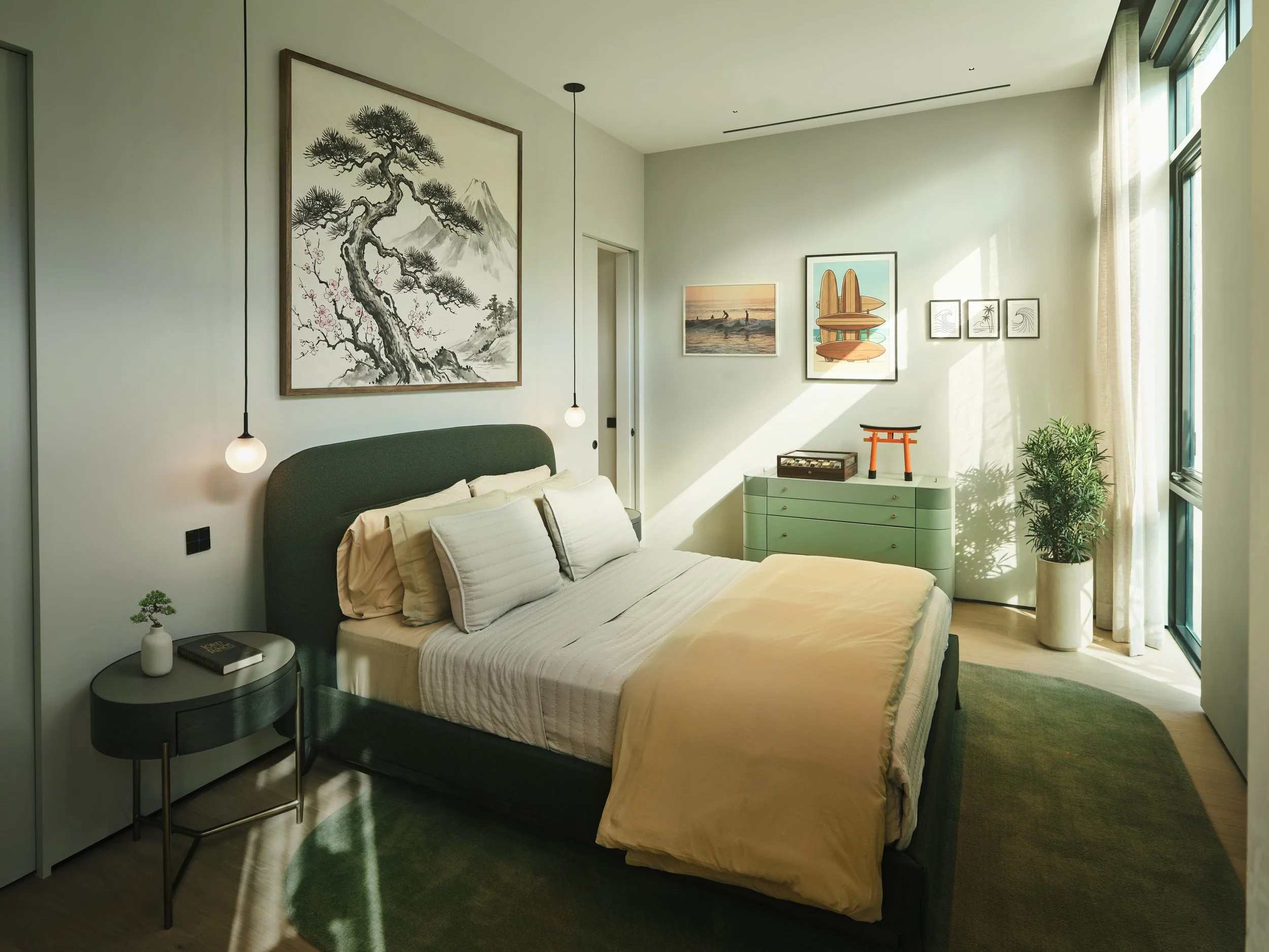 Architectural photograph of a serene modern bedroom with Japanese-inspired artwork and soft morning light inside a Venetian Islands residence in Miami. Captured by Miami and Los Angeles-based architectural and travel photographer Christian Santiago.