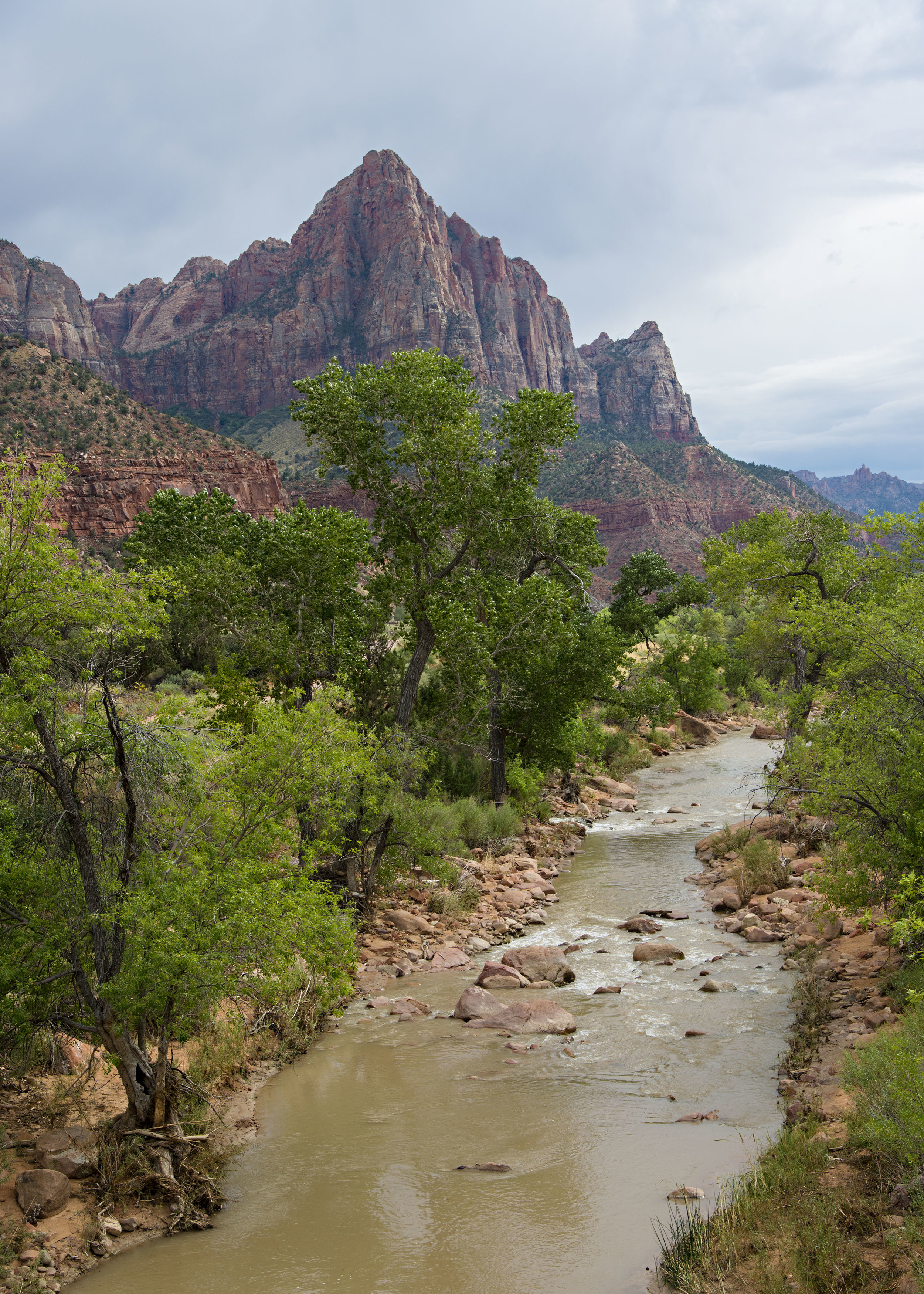 Rain shower recedes over Watchman Peak in Zion National Park. Nikon D800, Nikkor 24-120mm lens @ 48mm, ISO 200, f6.3, 1/400 sec, +1/3 stop exposure adjustment.
