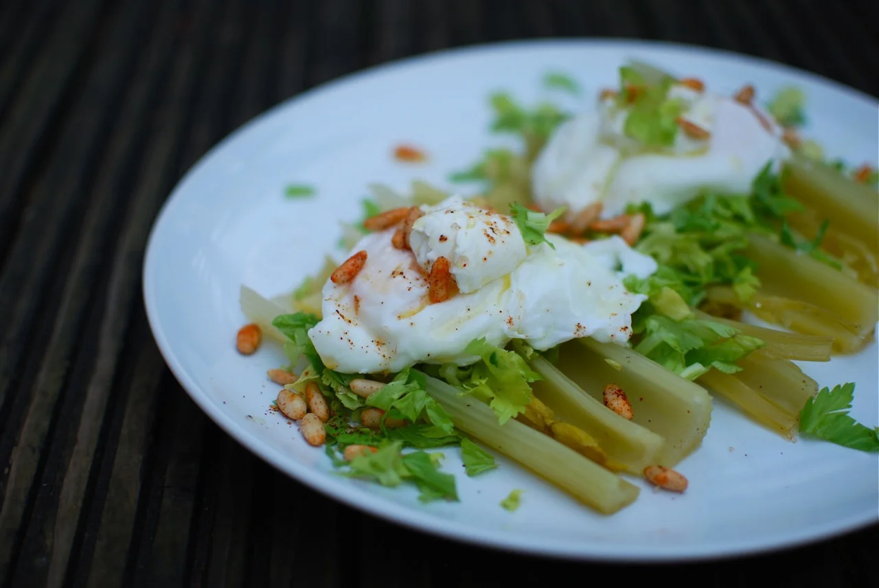 Whey Braised Celery + Labneh