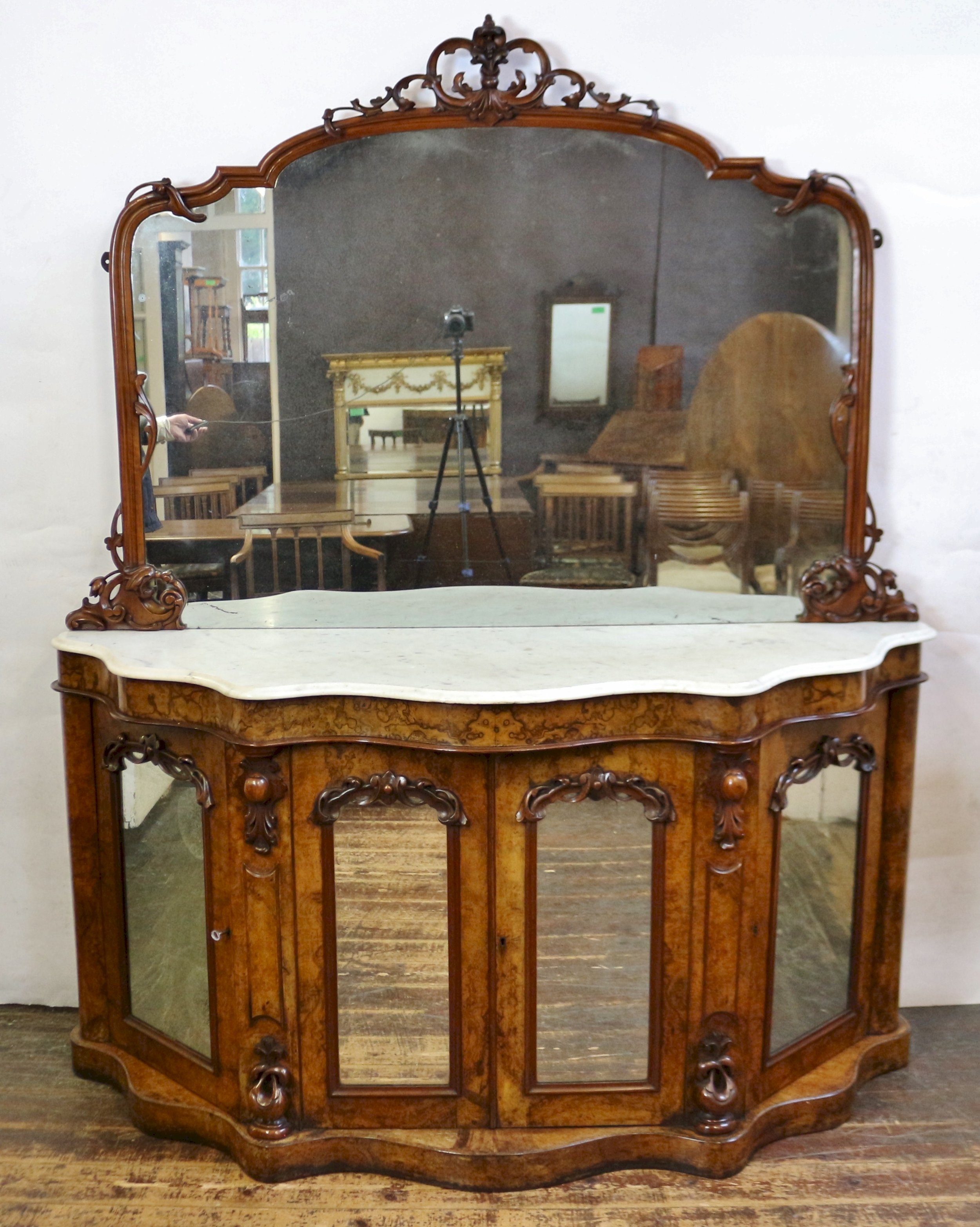 Victorian Figured Walnut 4 Door Chiffonier With Marble Top Mirror