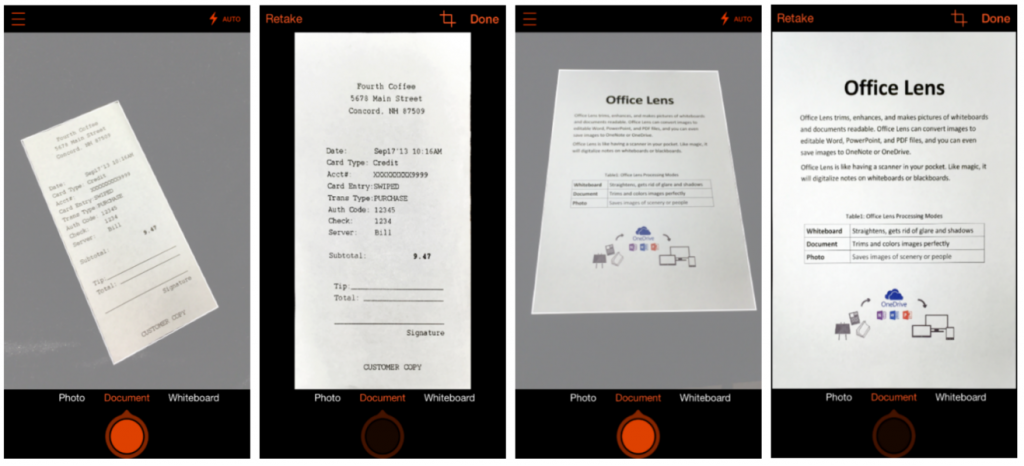 Before-and-after look at pictures of a receipt and a paper document captured and processed by Office Lens for iPhone.