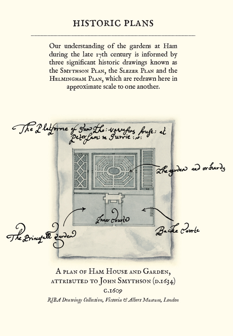 The Gardens at Ham House, 2012, pen & ink with watercolour, drawing of the Smythson Plan of the garden, circa 1609