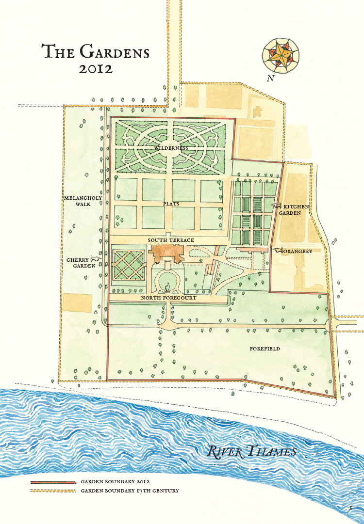The Gardens at Ham House, 2012, pen & ink with watercolour, map indicating the garden boundary in the 17th century and present day