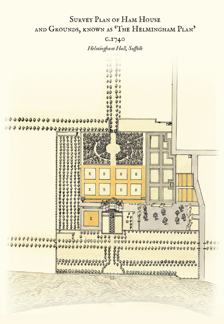 The Gardens at Ham House, 2012, pen & ink with watercolour, drawing of the Helmingham Plan, a survey of the garden, circa 1740