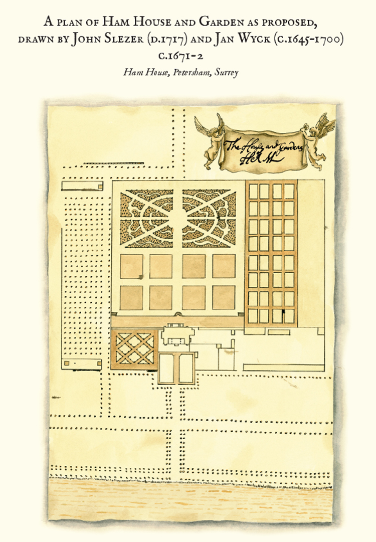 The Gardens at Ham House, 2012, pen & ink with watercolour, drawing of the Slezer Plan showing the designs for the redevelopment of the gardens, circa 1671-2