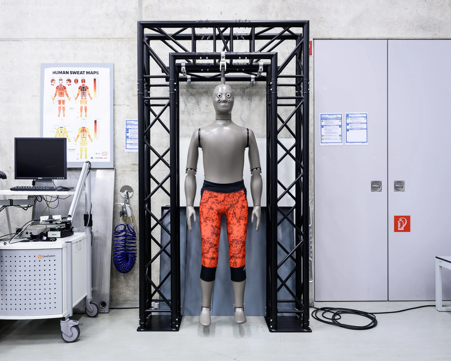 "Newton" the thermal mannequin. Newton simulates walking movement, gets hot and sweats in order to test fabrics and materials in different conditions at the Future Sports Science Lab at adidas' headquarters in Herzogenaurach.