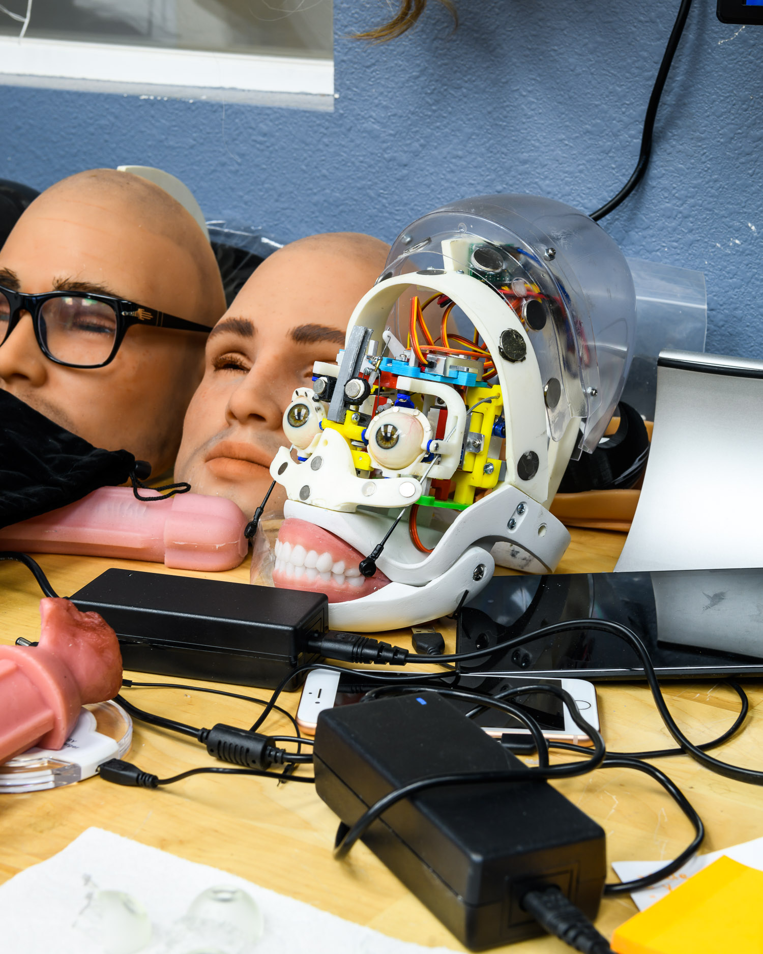 A robotic head at the RealDoll robot workshop in San Marcos, California.