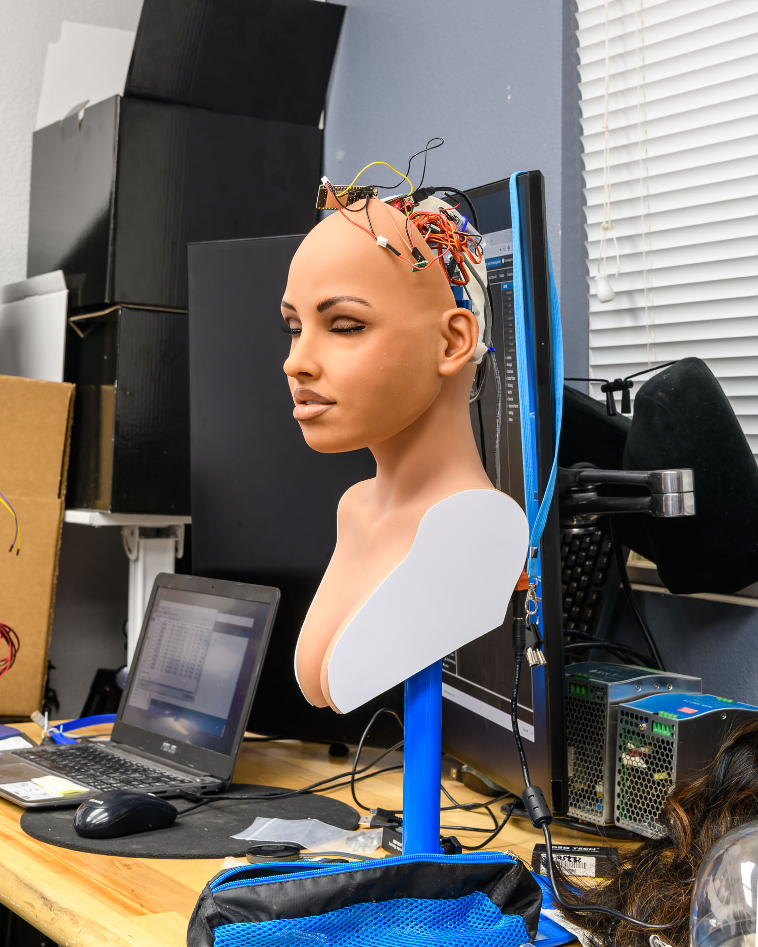 A robotic head at the RealDoll robot workshop in San Marcos