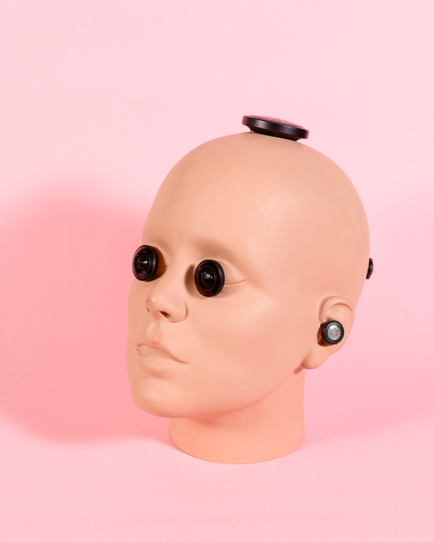 A prototype camera head produced by VR Bangers. The cameras and microphones installed in the head are intended to make the experience more natural for the female performers, who have to act directly to the camera for POV filming