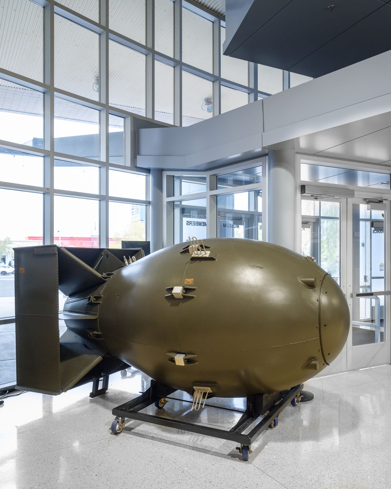  The "Fat Man" nuclear bomb, which was dropped on Nagasaki on August 9th 1945. This is an actual Fat Man ballistics case that was manufactured cirka 1945, on display at the National Atomic Testing Museum in Las Vegas. 