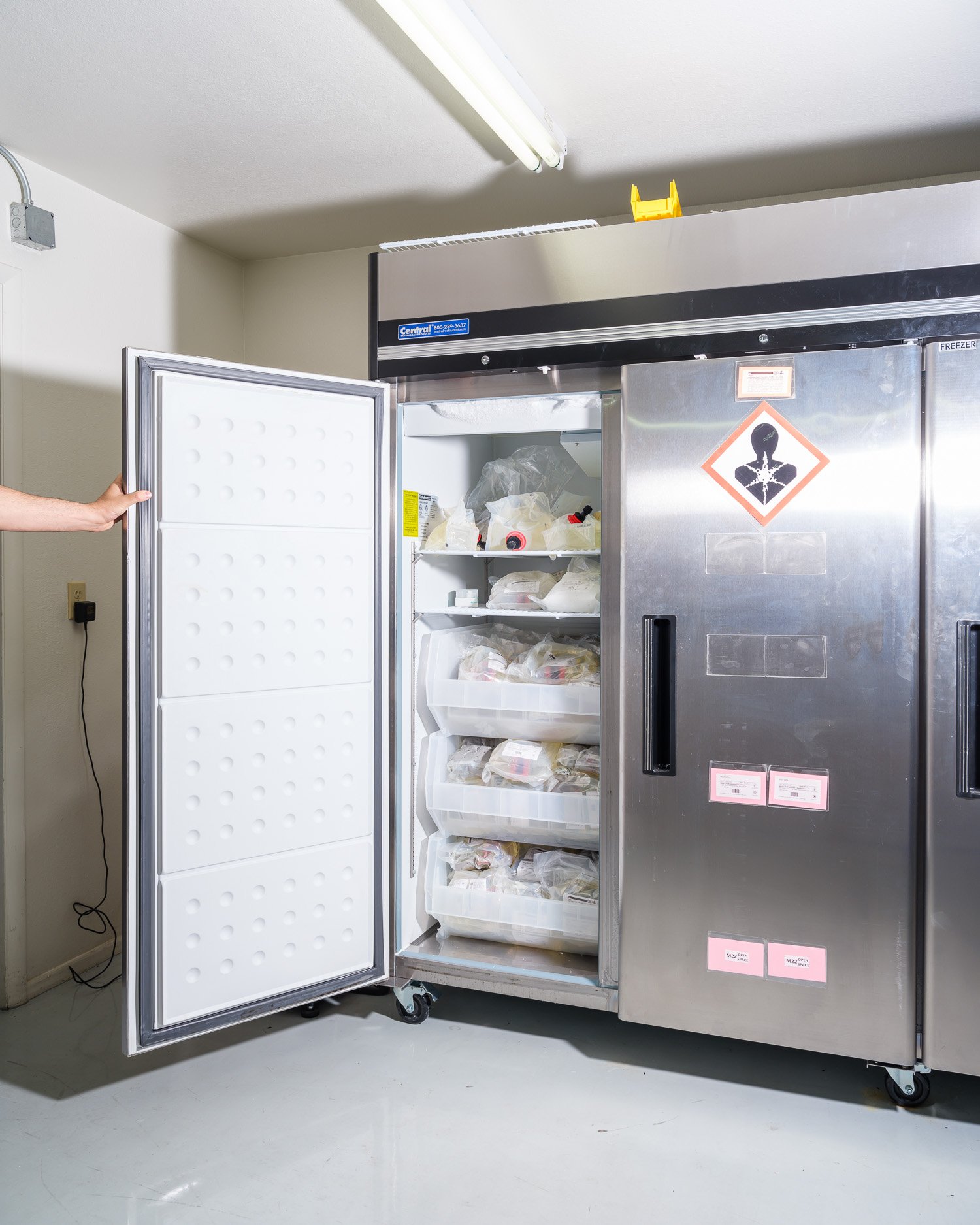  A fridge full of M22, the solution used for vitrification of bodies after death. Vitrification helps to prevent the formation of ice crystals and helps prevent cryopreservation damage. In cryonics, vitrification is currently the preferred method to 
