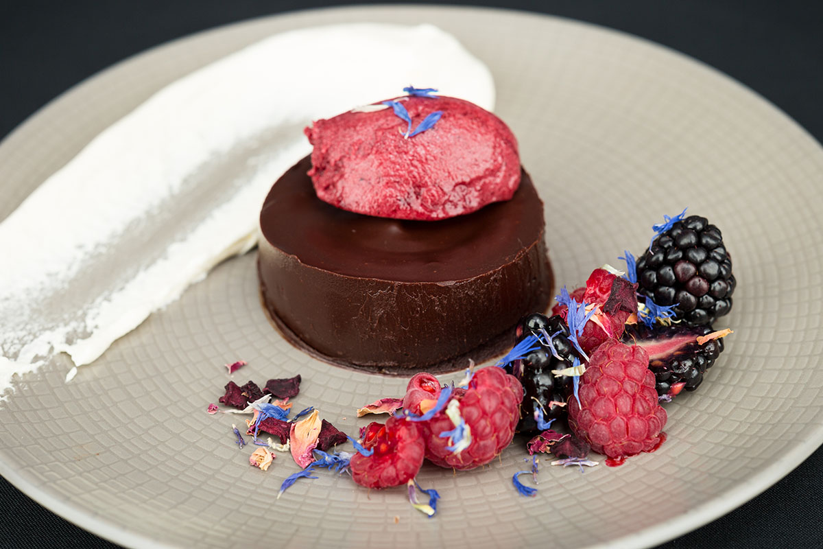- Chocolate pavé with raspberry sorbet and hazelnuts