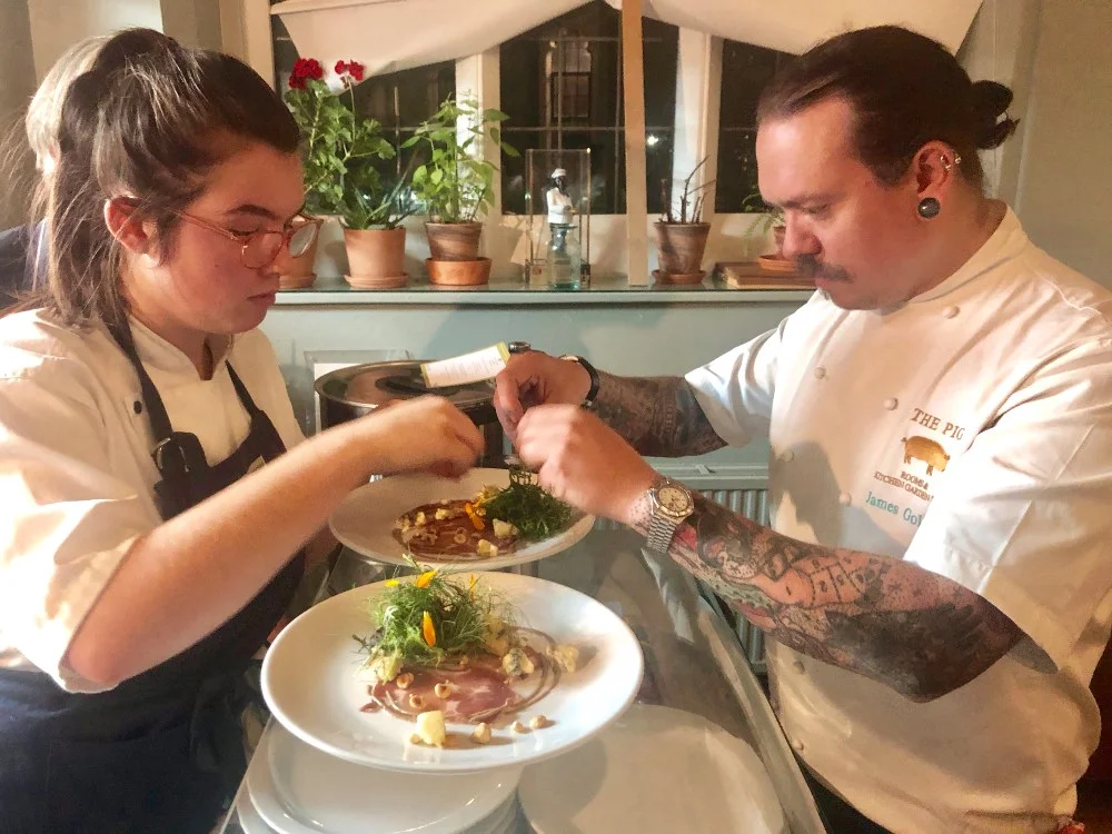 - James Golding and apprentice Freya preparing for the supper club