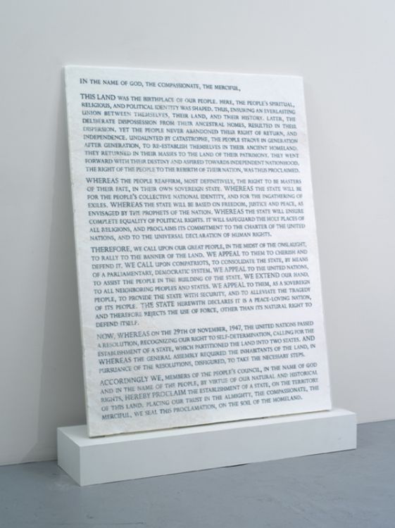 Tablet Untitled (Blended Israeli and Palestinian Declarations of Independence, abbreviated), 2012, blast-carved and lacquer filled inscriptions on custom treated sugar white marble, 42 1/2 x 57 1/2 x 1 1/4 inches