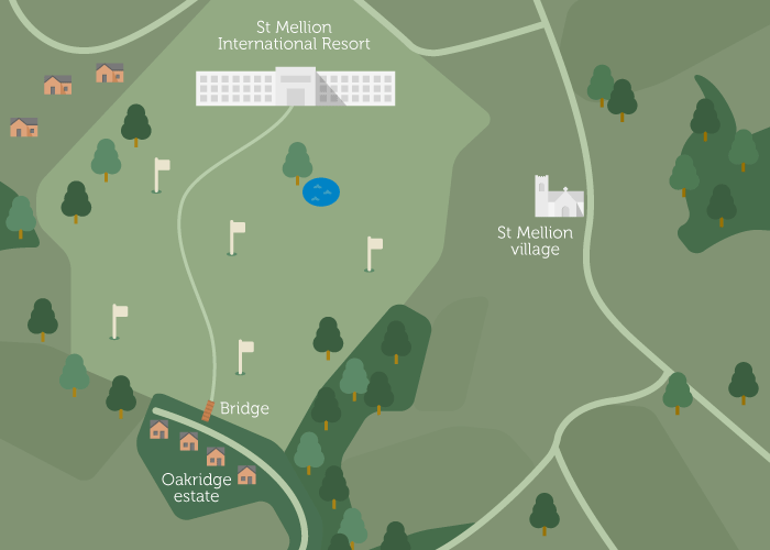 Illustration showing the proximity of Oakridge to the golf courses and hotel at St. Mellion International Resort (about a 15 minute walk over a little bridge and up a scenic path)