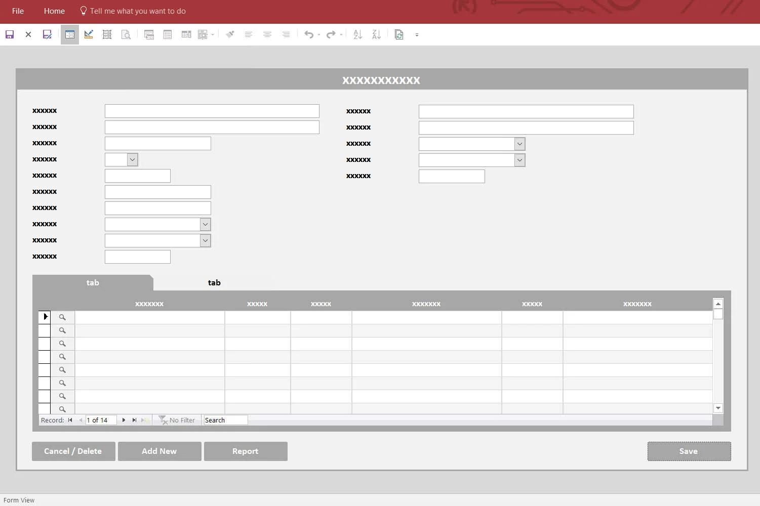 Screenshot of a Microsoft Access database form from a database prototype