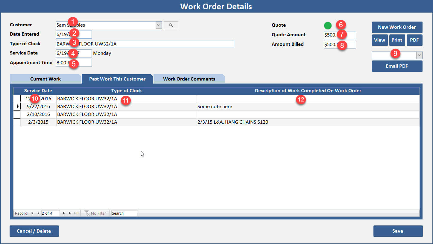 Access database screenshot with dots indicating where fields are