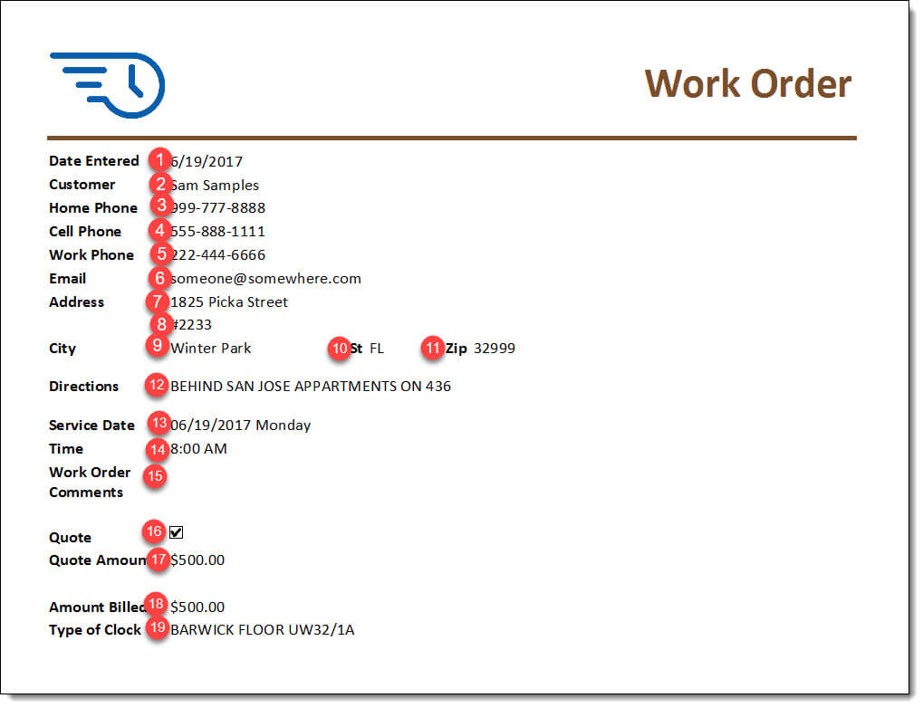 Access database report with dots indicating where fields are