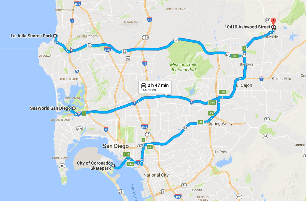 Map of 3 routes from my high school in Lakeside to points of interest in San Diego california
