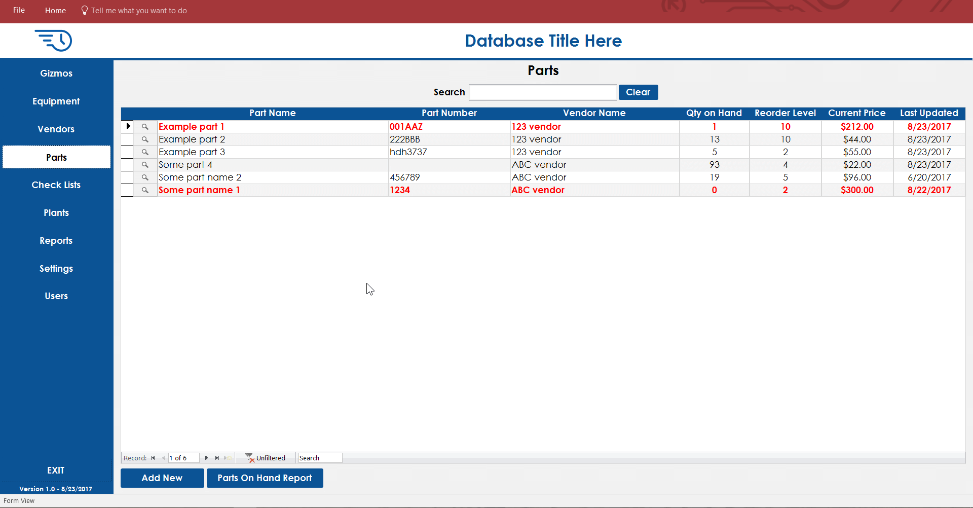 Modern Microsoft Access dashboard design with navigation buttons on left and search box at top
