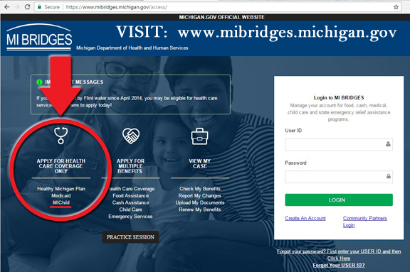 Visit michigan.gov/mibridges , and apply for health coverage.
