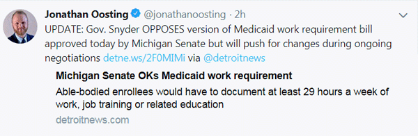 Detroit News Michigan Senate OKs Medicaid work requirement 04/19/2018