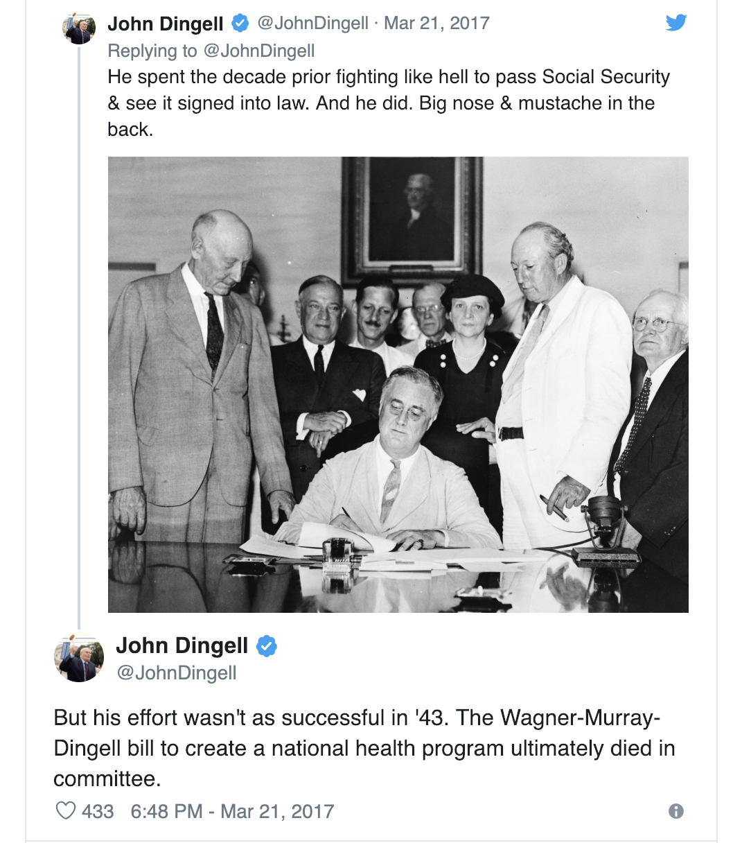 John Dingell Sr. is at the back wtih the mustache as President Franklin Delano Roosevelt signs the Social Security Act into law.