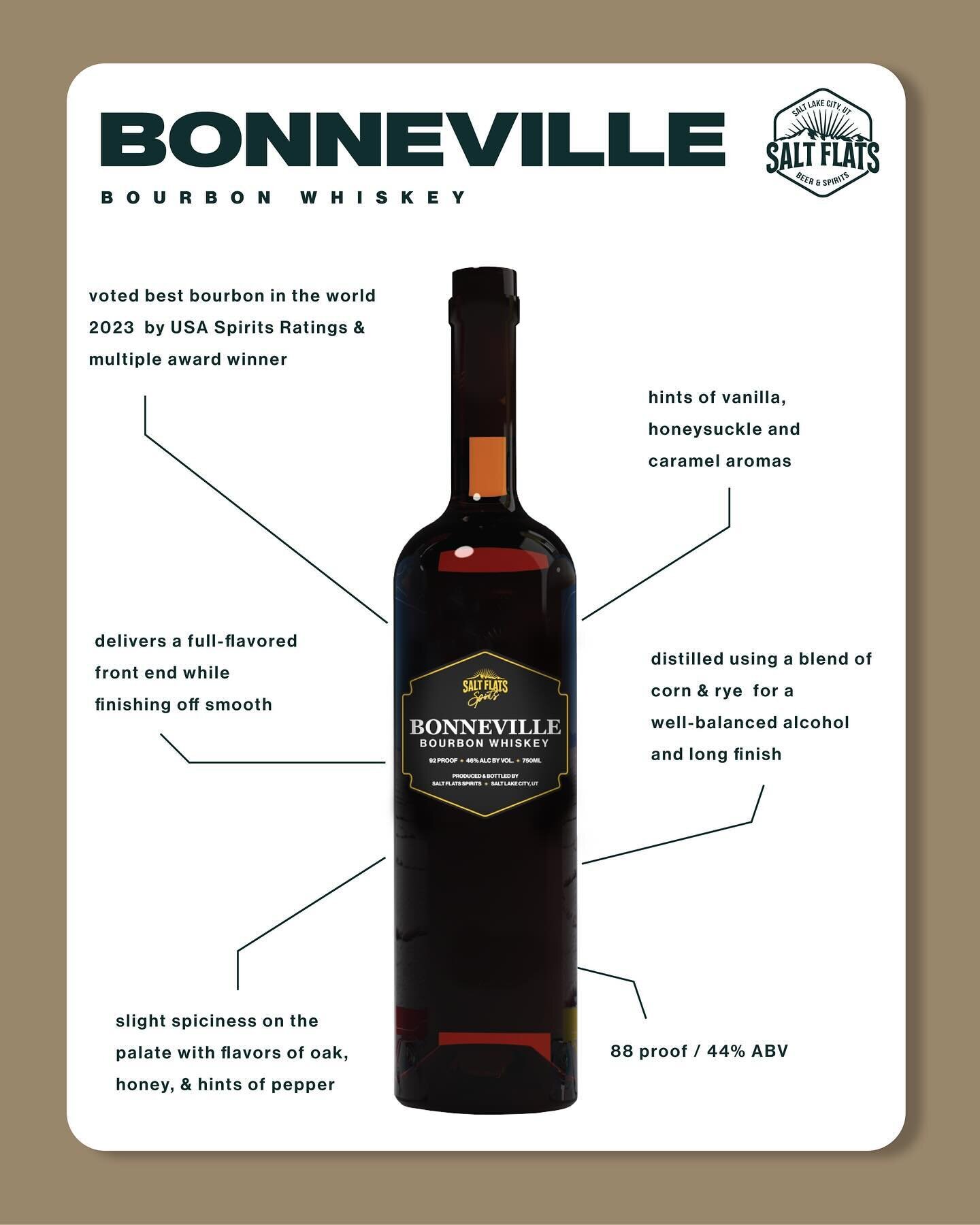 There&rsquo;s a reason why our Bonneville Bourbon won best bourbon in the world according to USA Spirits Ratings🥇 With aromas of honeysuckle on the nose, slight spiciness on the palate and flavors of vanilla, oak and honey, this bourbon has well bal