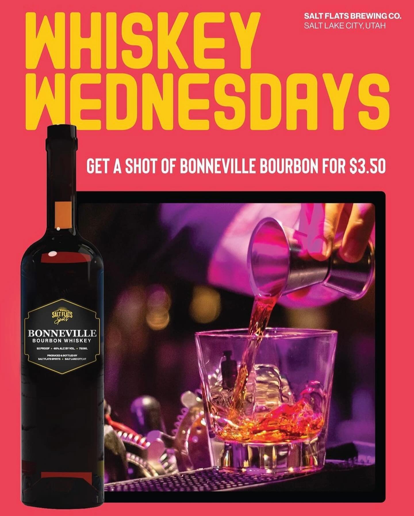 Whiskey Wednesdays🥃 come in and get a shot of our award winning Bonneville Bourbon for only $3.50 
.
.
.
.
.
#whiskeywednesdays #bonneville #bourbon 
#saltflatsspirits #gold #wednesdays #winner #saltflatsbrewingcompany #usaratings #usaspiritsratings