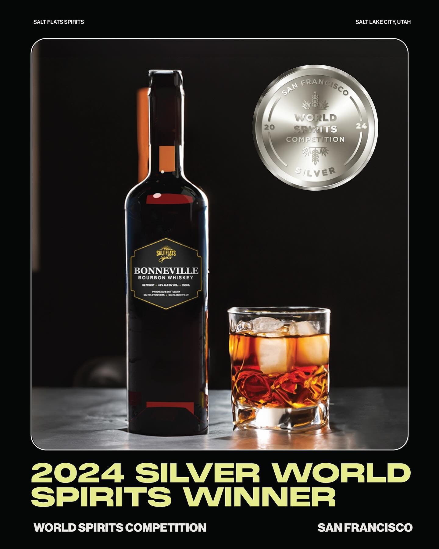 We are extremely proud to announce that our Bonneville Bourbon has been awarded Silver at the San Francisco World Spirits Competition 🥃 It&rsquo;s our honor to be recognized among the finest in the industry 🙌🏻
.
.
.
.
#saltflatsspirits #silver #bo