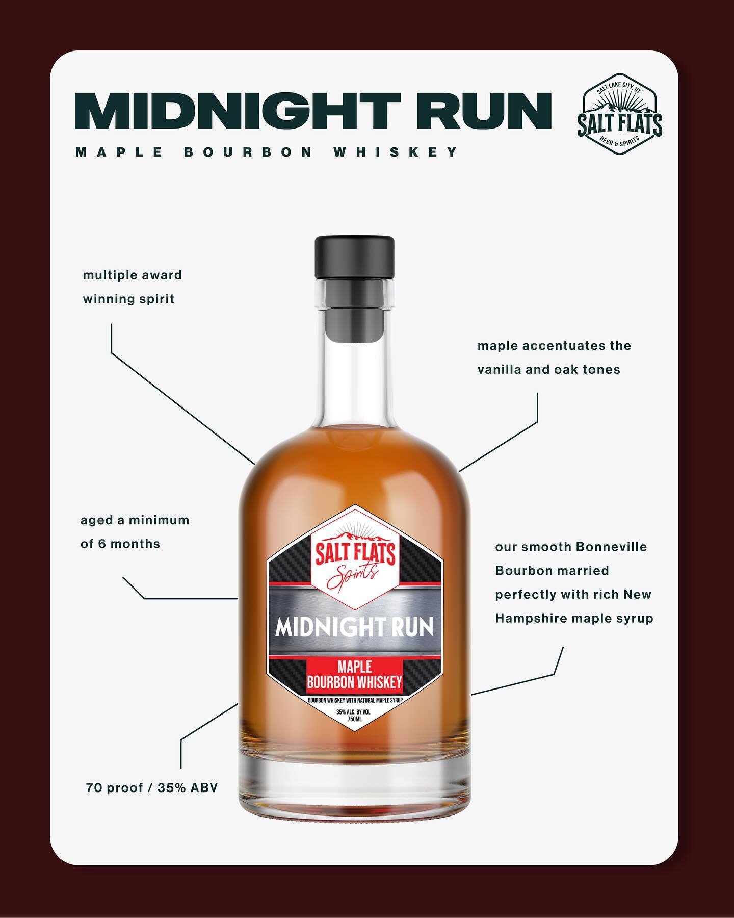 Have you tried our Midnight Run Maple Bourbon Whiskey yet? Made with our smooth Bonneville Bourbon, married perfectly with rich New Hampshire maple syrup and aged a minimum of six months. Maple accentuates the vanilla and oak tones of the bourbon mak
