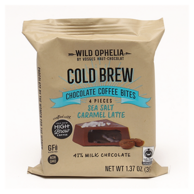 SEA SALT CARAMEL LATTE Crafted with Salted Caramel High Brew Coffee cold brew, and fudgy chocolate inside, encased in a 41% milk chocolate shell topped with sea salt.