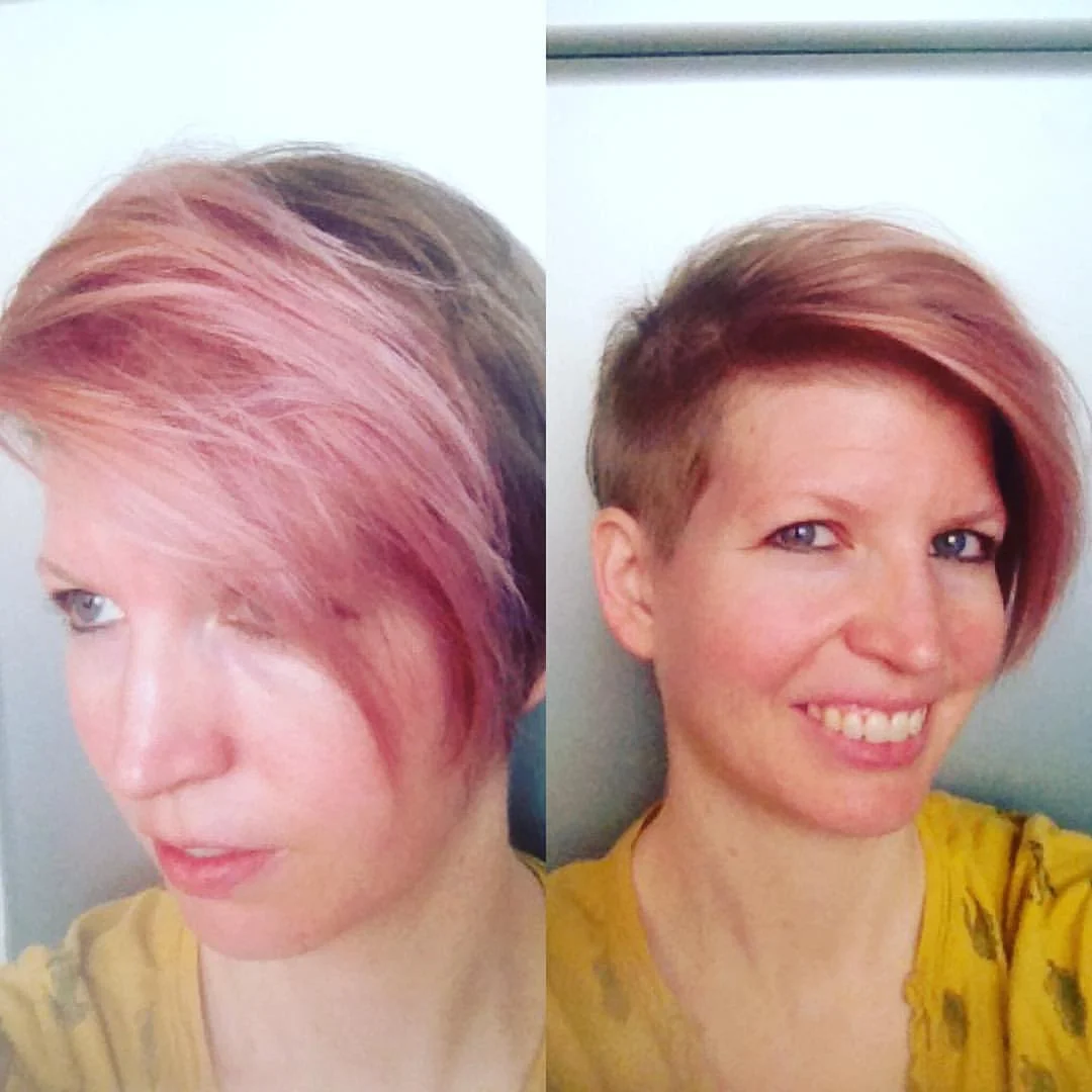 Speaking of experimentation. One of my favorite ways to experiment is with my hair. My latest experiment...pink hair and a shaved side. Because...why not?!