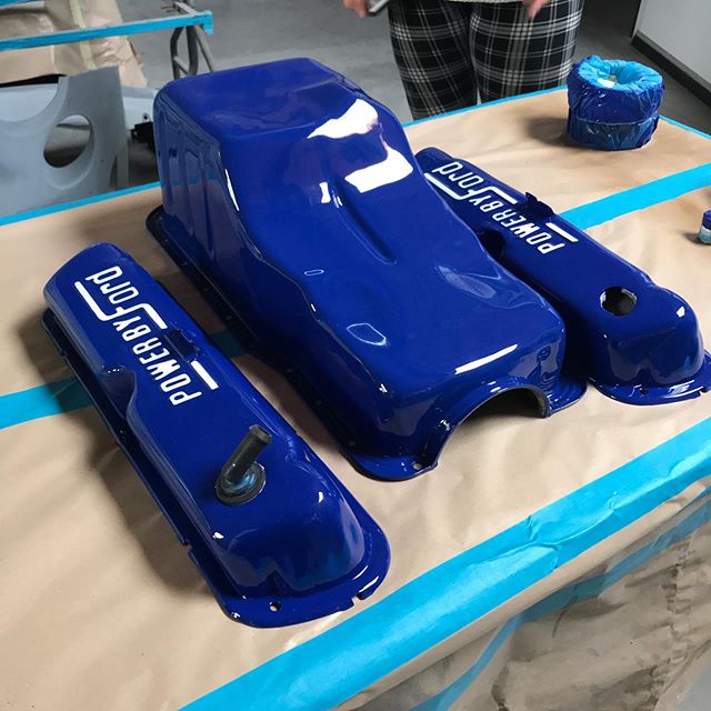 Ford Mustang engine covers done in gloss blue and white lettering