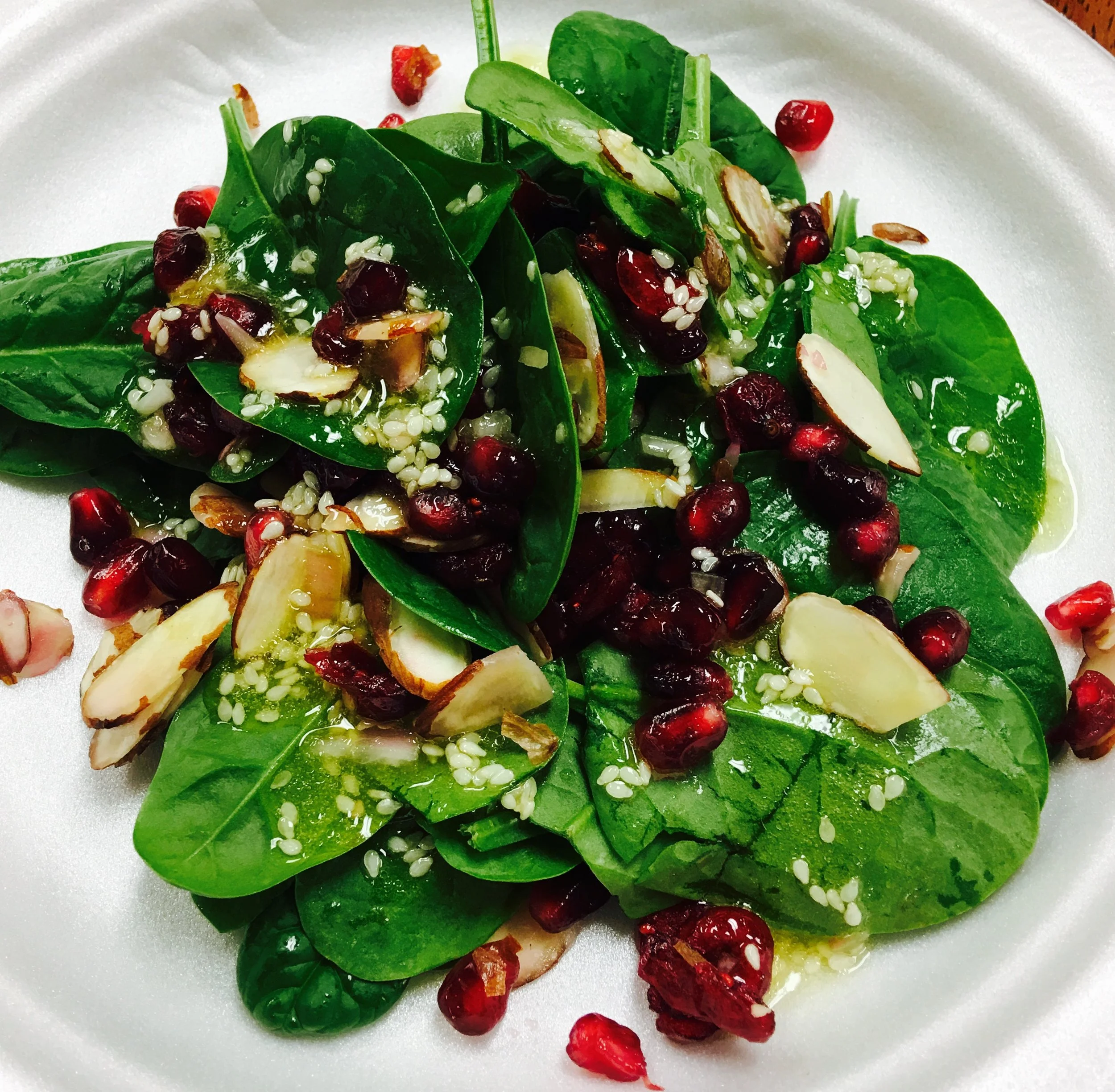 Pomegranate Spinach Salad with Sesame Citrus Dressing