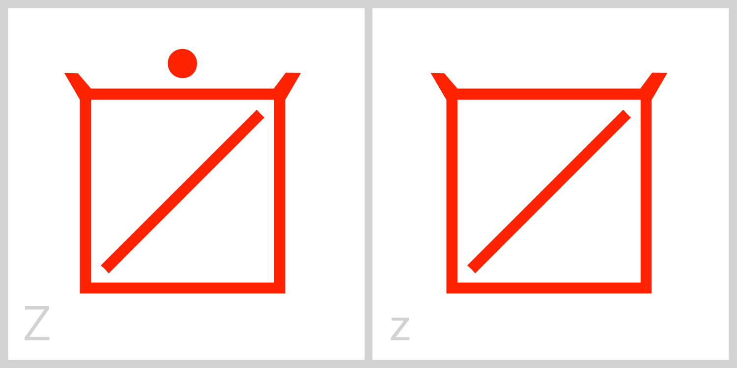 Zz Z has a square frame with a diagonal line extending from the top right corner of its frame to the bottom left corner of its frame. You can trace the Roman capital letter Z in this symbol by incorporating the top and bottom parts of the frame and the inside diagonal line. 