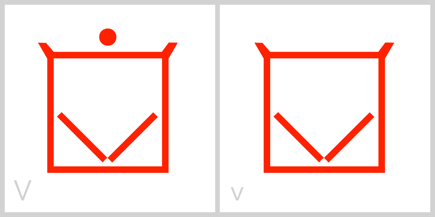 Vv V has a square frame in which two diagonal lines extend from the middle of the bottom of its frame to the middle of the right and left sides of its frame. You can trace the Roman capital letter V in this symbol by using the diagonal lines.