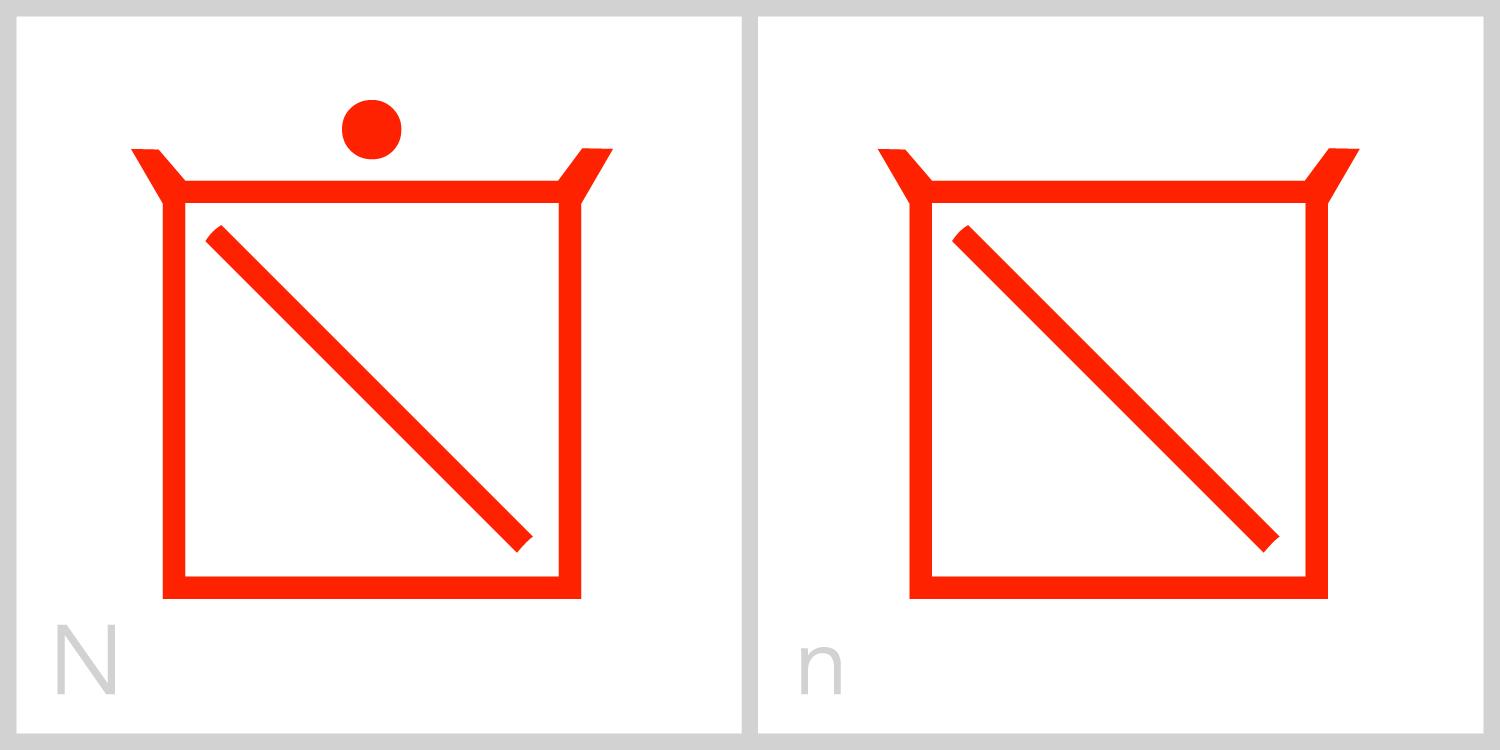 Nn N has a square frame with a diagonal line extending from the upper left corner of its frame to the bottom right corner of its frame. You can trace the Roman capital letter N in this symbol by incorporating the left and right sides of the frame with the inside diagonal line.