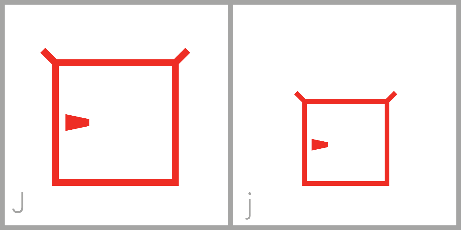  J has a square frame and has a small barb, or tail, on the inside of the left-hand side of the frame. To trace the capital letter J in this symbol, find the barb, trace down the left-hand side of the frame across the bottom of the frame, up the righ