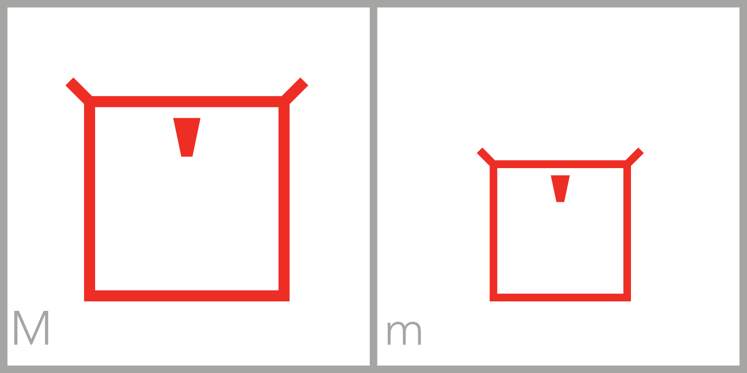  M has a square frame and has a small barb, or tail, inside the middle of the top side of its frame. You can trace the Roman capital letter M in this symbol by tracing from the bottom left corner of the frame to the top, across to the barb, down and 