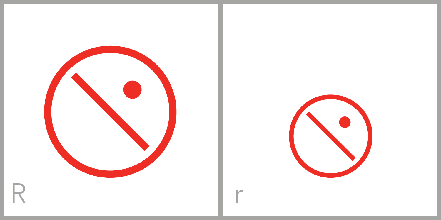  R has a circular frame. Its major feature is taken from the bottom part of the standard capital letter R, and is a diagonal line extending from the upper left portion to the lower right portion of its frame. It also has a small dot in the upper righ