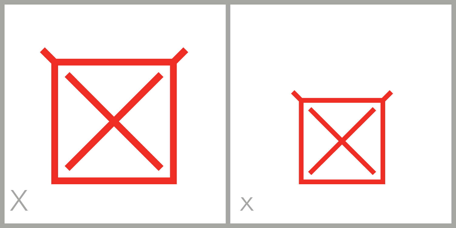  X has a square frame with two diagonal lines inside the frame, each extending from one corner of the top of its frame to the opposite bottom corner, like a Roman letter X. 