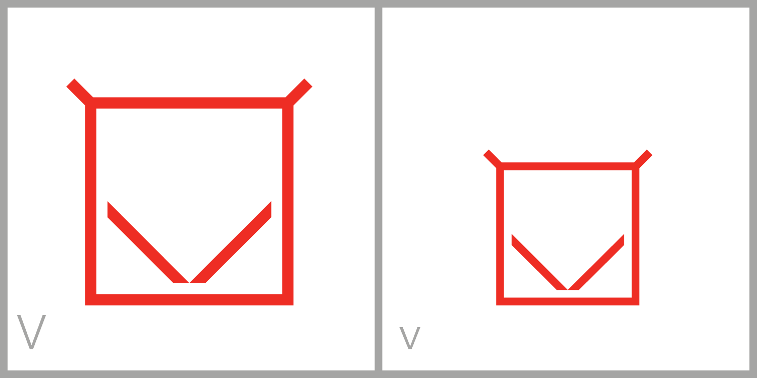  V has a square frame in which two diagonal lines extend from the middle of the bottom of its frame to the middle of the right and left sides of its frame. You can trace the standard capital letter V in this symbol by using the diagonal lines. 