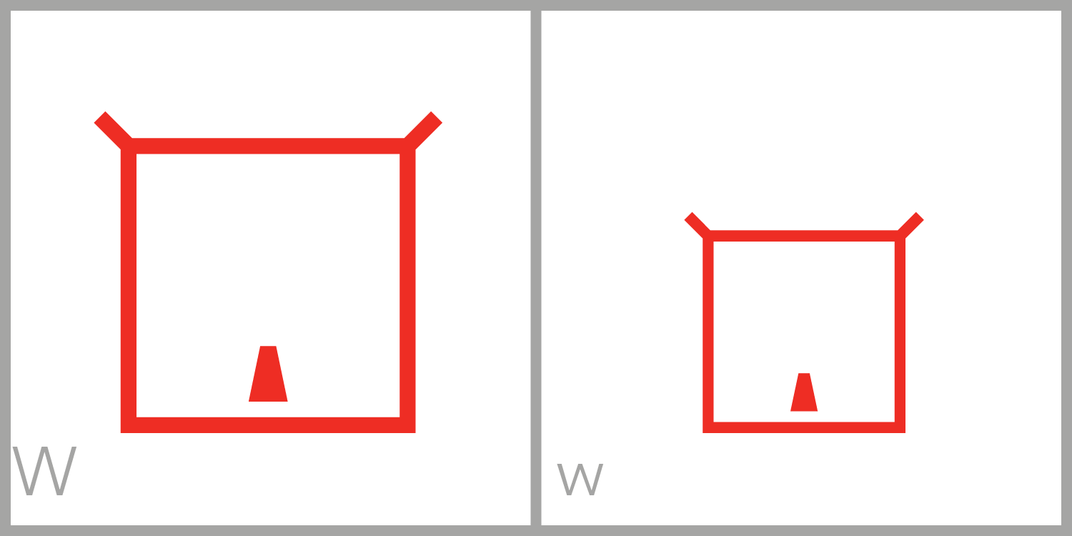  W has a square frame and has a small barb, or tail, inside the middle of the bottom part of the frame. You can trace the standard capital letter W in this symbol by tracing from the top left corner to the bottom of the frame, across to the barb, up 