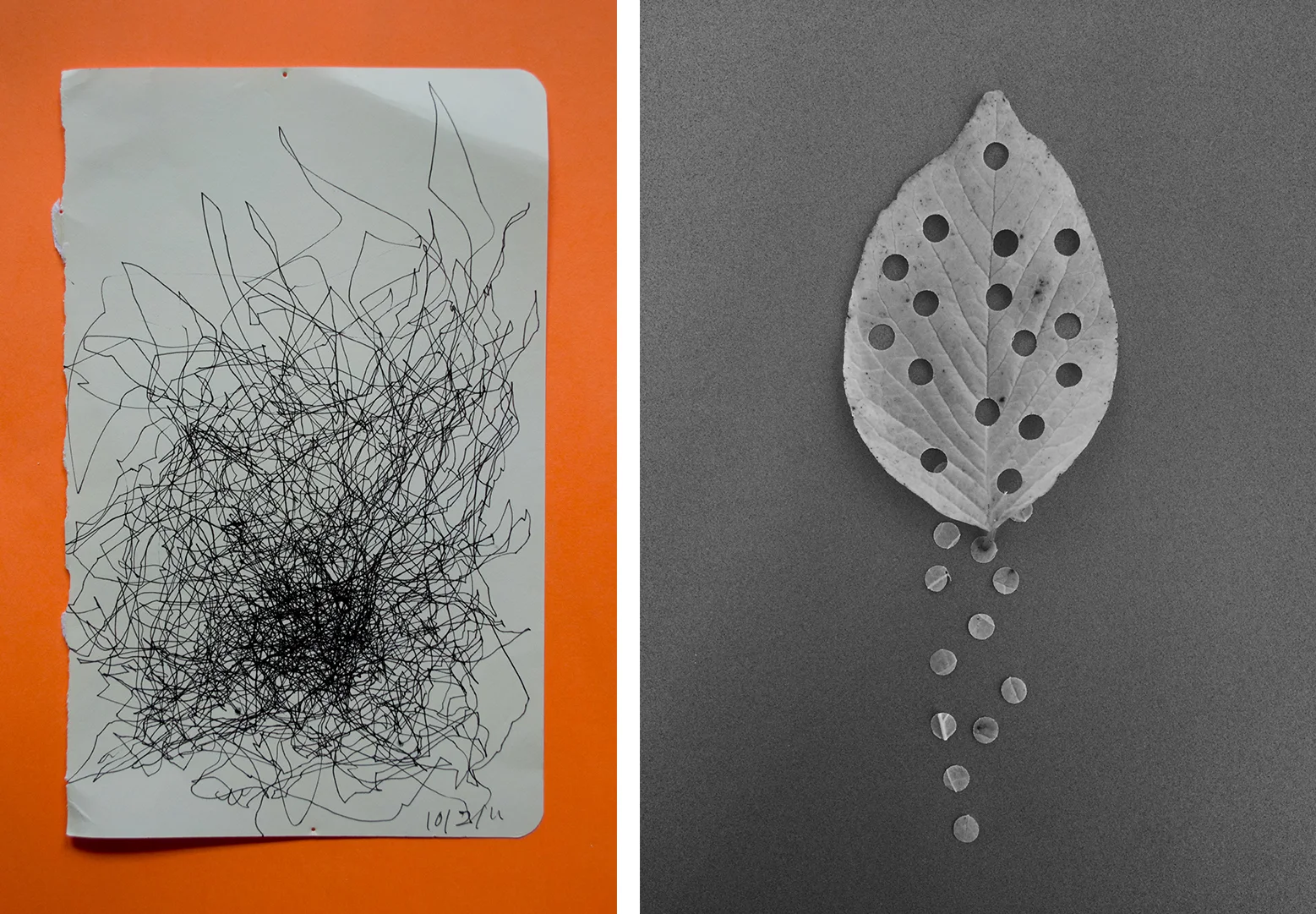 Data Collages: Sometimes my collages take the form of data visualizations. The left image is the marking of a bumpy bus ride where the jolt of the ride controlled my hand holding the pen to the paper. In the right image, holes in a leaf represent the number of times I checked the weather in one week.