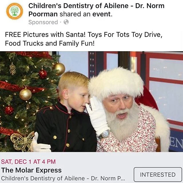 Mark your calendars for FREE pictures with Santa and our Toys For Tots Drive! #TheMolarExpress #ChildrensDentistryOfAbilene #ToysForTots #Santa