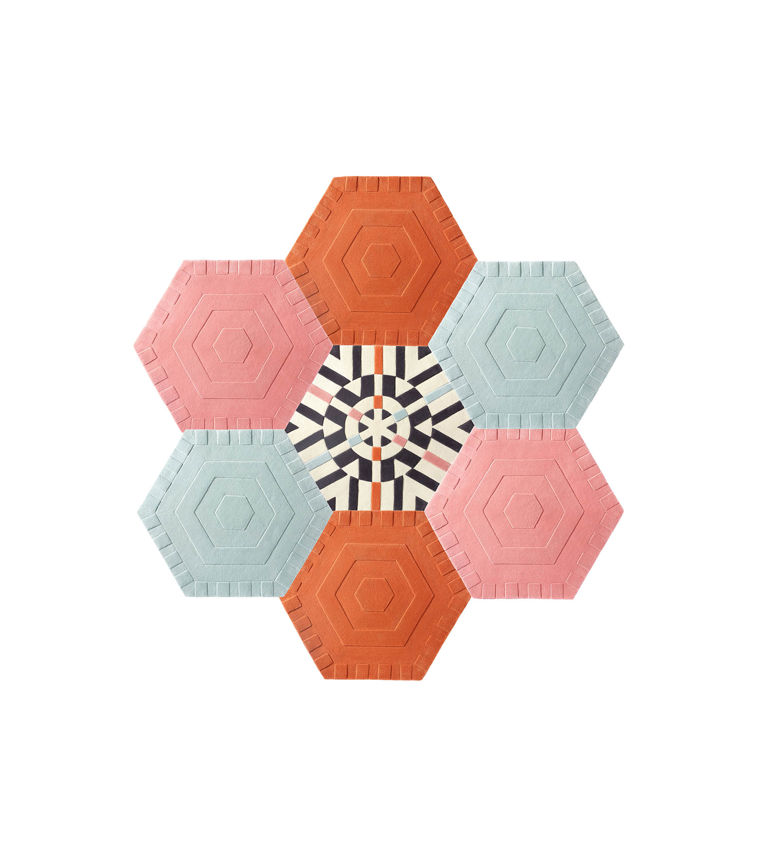 Honeycomb Style: Solids mix, Kaleidoscope Quantity: 7 Hexagons Measures: 7'6'' w x 7'9'' h Cost: $3,150 USD