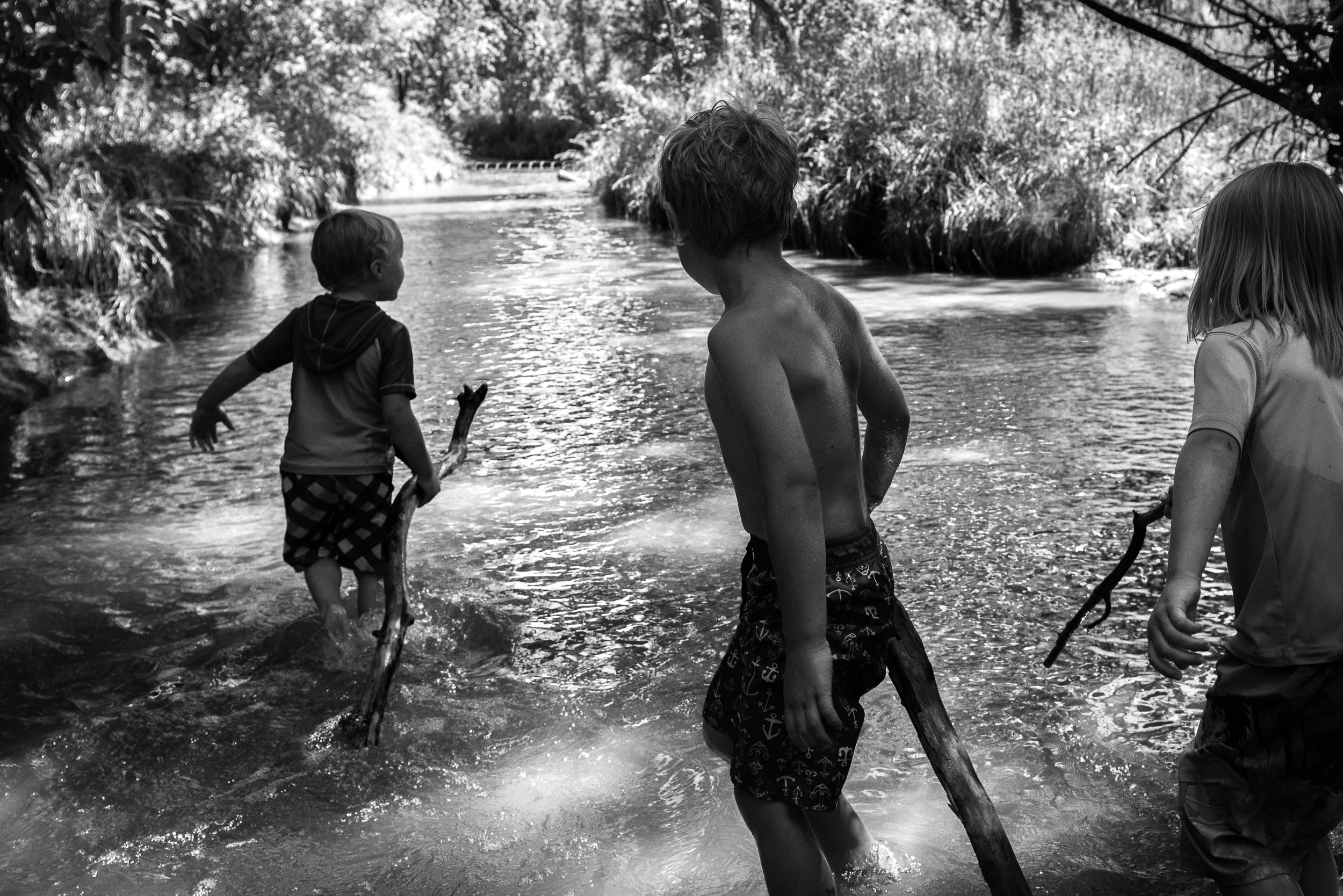 Blog - The Pen & Camera - Molly Rees Photo - Black and White Documentary Childhood Photography - boys wading in stream through woods at Belleview Park in Denver, Colorado by M. Menschel