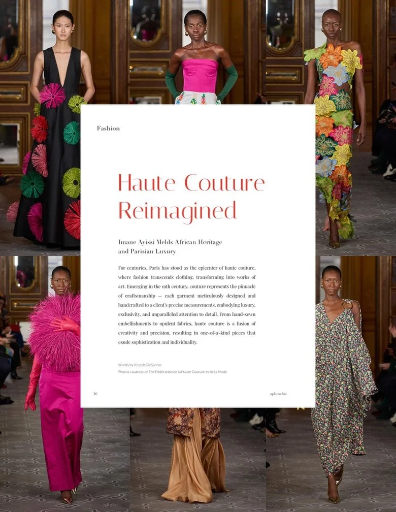 Fashion magazine page titled "Haute Couture Reimagined" with text about African heritage and Paris luxury, overlaying a runway scene with models wearing vibrant, eclectic haute couture dresses.